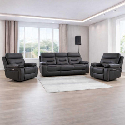Furnishings For Less UK Renzo Grey Electric Recliner Sofa Suite 3 Seater + 2 Armchairs Usb - image 1
