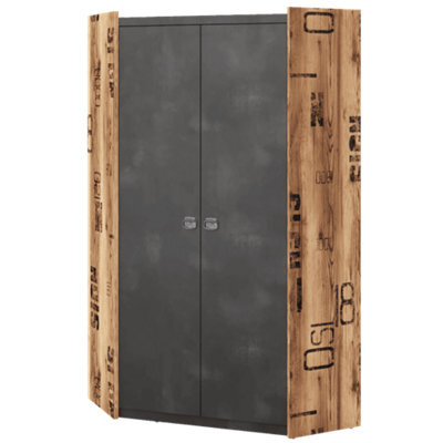 Arte Funky Fargo Corner Wardrobe With Shelves And Hanging Rails In Raw Steel & Canyon Alpine Spruce (W970mm X H1910mm X D970mm) - image 1