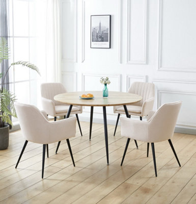 Hallowood Furniture Cullompton Large Oak Effect Round Dining Table With 4 Cream Fabric Chairs - image 1