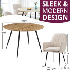 Hallowood Furniture Cullompton Large Oak Effect Round Dining Table With 4 Cream Fabric Chairs - thumbnail 3