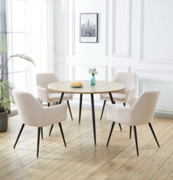 Hallowood Furniture Cullompton Large Oak Effect Round Dining Table With 4 Cream Fabric Chairs