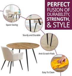 Hallowood Furniture Cullompton Large Oak Effect Round Dining Table With 4 Cream Fabric Chairs - thumbnail 2