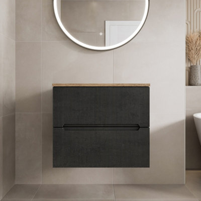 Affine 600mm Bathroom Vanity Unit Oak Countertop Wall Hung Fluted Black Unit No Basin - image 1