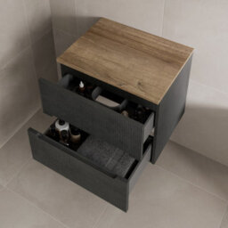 Affine 600mm Bathroom Vanity Unit Oak Countertop Wall Hung Fluted Black Unit No Basin - thumbnail 3