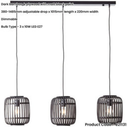 Loops Hanging Ceiling Bar Pendant Light - Dark Bamboo & Plywood With Matt Black Paint - 3 X 10W Led E27 - thumbnail 2