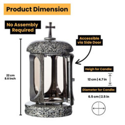 Novecrafto Round Granite Memorial Lantern H 22Cm Large Grey With Silver Graveside Candle Lantern With Cross For Cemetery & Remembrance Gift - thumbnail 3