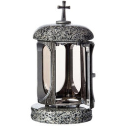 Novecrafto Round Granite Memorial Lantern H 22Cm Large Grey With Silver Graveside Candle Lantern With Cross For Cemetery & Remembrance Gift