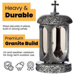 Novecrafto Round Granite Memorial Lantern H 22Cm Large Grey With Silver Graveside Candle Lantern With Cross For Cemetery & Remembrance Gift - thumbnail 2