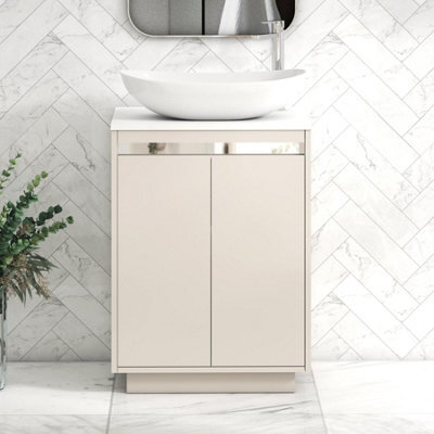 Royal Bathrooms Orion 600mm Warm Taupe Floor Standing Plain White Countertop Vanity Unit 2 Door With Cesar Basin & Chrome Accent Trim - image 1