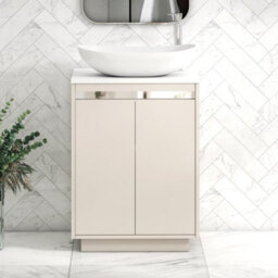Royal Bathrooms Orion 600mm Warm Taupe Floor Standing Plain White Countertop Vanity Unit 2 Door With Cesar Basin & Chrome Accent Trim - thumbnail 1