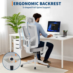 London Boutique Grey Ergonomic Mesh Office Chair, Adjustable Lumbar Support, Headrest, Flip-Up Arms, Tilt Lock, Swivel Desk Chair - thumbnail 6