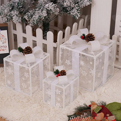 Amorly Set Of 3 Led Light Up Gift Boxes With Ribbon Bows, Christmas Porch Party Ornaments For Home, Yard And Christmas Tree - image 1