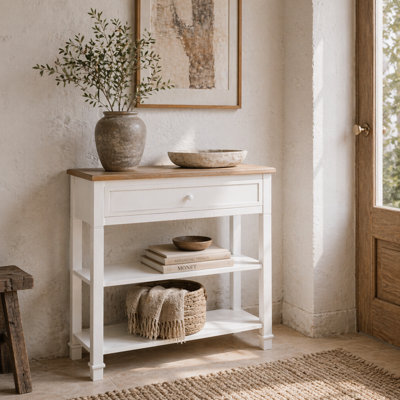Wyld Haus Sacoso Retro Console Table With Drawer And Dual Shelves, White Frame And Natural Wood Tone, L75.6 X D27.5 X H80.5Cm - image 1