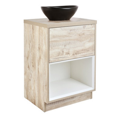 Homestylestore Light Oak 600mm Bathroom Vanity Unit Oval Countertop Graphite Basin Open Shelf - image 1
