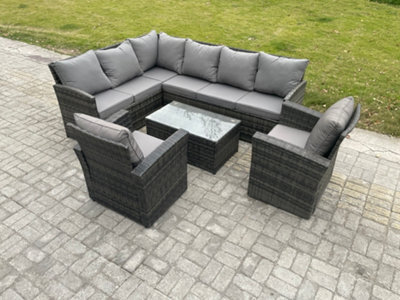 Fimous Rattan Lounge Corner Sofa Set Wicker Pe Outdoor Garden Furniture Set With Rectangular Coffee Table 2 Armchairs - image 1