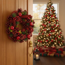 Urbn-Living Urbnliving 34Cm Red Apple & Berry  Christmas Wreath Festive Decoration With Jute Hanger Traditional Pinecone Décor - thumbnail 5