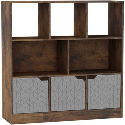 Urbn-Living Urbnliving Asymmetrical 8 Cube Rustic Brown Bookcase Freestanding Storage Unit With 3 Geo Design Doors - Grey - image 1