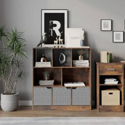 Urbn-Living Urbnliving Asymmetrical 8 Cube Rustic Brown Bookcase Freestanding Storage Unit With 3 Geo Design Doors - Grey - thumbnail 4