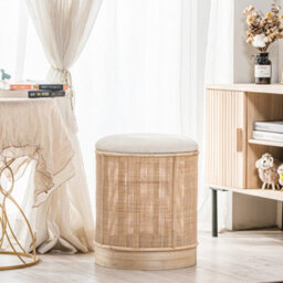 Nordlys Beige Velvet And Rattan Pouf Exotic Boho Living Room - thumbnail 4