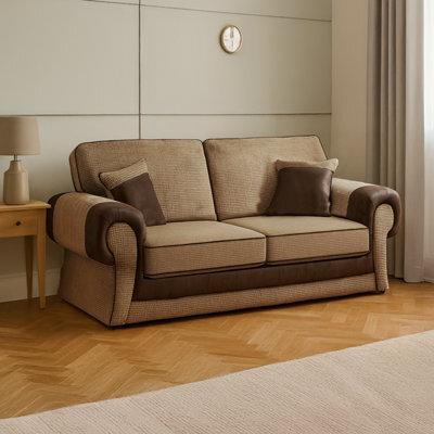 Furnishings For Less UK Portland Fabric 2 Seater Sofa  Rolled Arms Brown And Beige - image 1