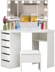 Kosy Koala White Corner Dressing Table With 3 Mirrors Stool Led Bulbs 5 Drawers Makeup Vanity Table Bedroom Furniture - thumbnail 1