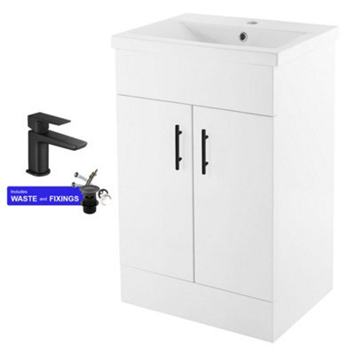 FNX Bathrooms Modern 500mm White Gloss Cloakroom Vanity Unit With Ceramic Basin, 2 Soft-Close Doors, Black Handles & Matt Black Tap Set - image 1