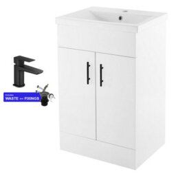 FNX Bathrooms White 500mm Bathroom Floor Standing Vanity Unit & Mid-Edge Basin Storage Cabinet Two Door Soft Close Black Tap Handle Set