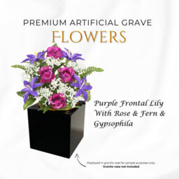 Premium Artificial Grave Flowers - 29Cm Purple Frontal Lily With Rose & Fern & Gypsophila Memorial Vase Pot - thumbnail 3