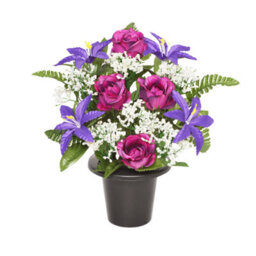 Premium Artificial Grave Flowers - 29Cm Purple Frontal Lily With Rose & Fern & Gypsophila Memorial Vase Pot - thumbnail 2