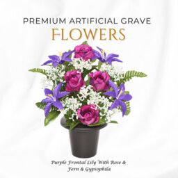 Premium Artificial Grave Flowers - 29Cm Purple Frontal Lily With Rose & Fern & Gypsophila Memorial Vase Pot - thumbnail 1