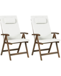 Wyld And Coco 2-Piece Foldable Acacia Garden Chairs With Off-White Cushions, Adjustable Backrests - thumbnail 1