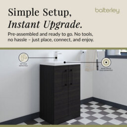 Balterley Bramshall Compact Bathroom Cloakroom Vanity Basin Unit With Polymarble Basin, Black Handles, 500mm, Woodgrain Black - thumbnail 4
