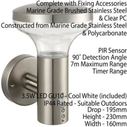 2 Pack Ip44 Outdoor Led Lamp Stainless Steel Wall Pir Light Porch Cool White - thumbnail 3