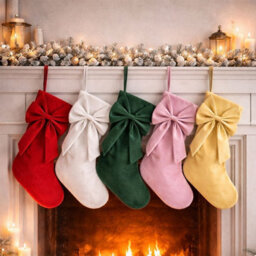 CLEFFNS 5Pcs Velvet Christmas Stocking With Large Decorative Bow Xmas Stockings, Elegant Hanging Socks For Fireplace Mantel - thumbnail 1