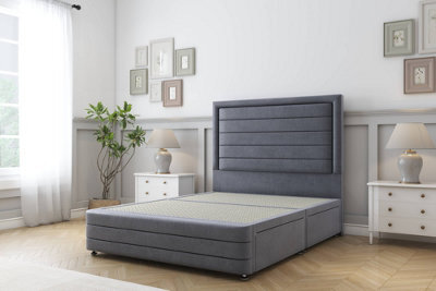 "Sloomy Ashford Steel Plush Divan Bed Base 2 Drawers Right Side-26"" Strutted Headboard  12"" Footboard 4' Small Double" - image 1