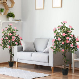Homcom Set Of 2 Decorative Artificial Plants Rose Trees In Pot, Pink