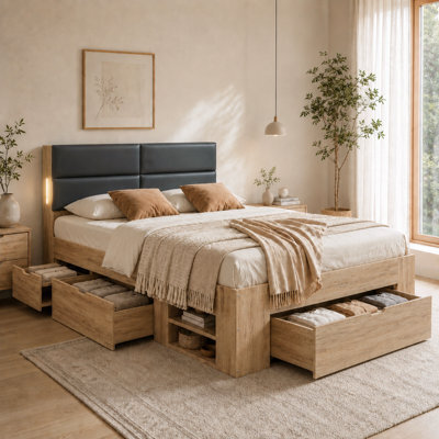 Double Storage Bed With Three Drawers, Open Shelves, Padded Headboard And Led Reading Light - image 1