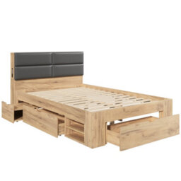 Double Storage Bed With Three Drawers, Open Shelves, Padded Headboard And Led Reading Light - thumbnail 9