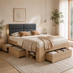 Double Storage Bed With Three Drawers, Open Shelves, Padded Headboard And Led Reading Light - thumbnail 1
