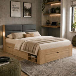Double Storage Bed With Three Drawers, Open Shelves, Padded Headboard And Led Reading Light - thumbnail 2