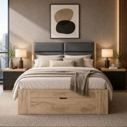 Double Storage Bed With Three Drawers, Open Shelves, Padded Headboard And Led Reading Light - thumbnail 3