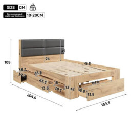 Double Storage Bed With Three Drawers, Open Shelves, Padded Headboard And Led Reading Light - thumbnail 4