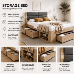 Double Storage Bed With Three Drawers, Open Shelves, Padded Headboard And Led Reading Light - thumbnail 5