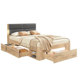 Double Storage Bed With Three Drawers, Open Shelves, Padded Headboard And Led Reading Light - thumbnail 7