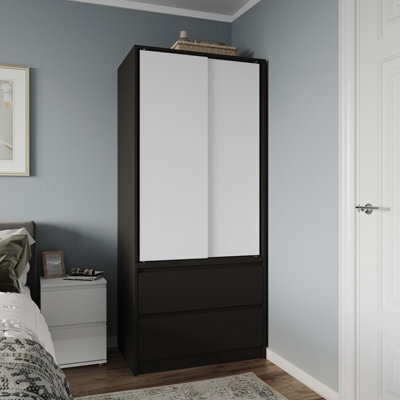 Urbn-Living Urbnliving 2 Sliding Doors Wardrobe 2 Drawer Bedroom Clothes Hanging Rail Black Carcass With White Doors Storage Cupboard - image 1
