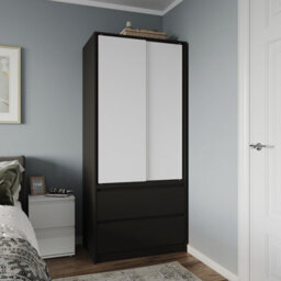 Urbn-Living Urbnliving 2 Sliding Doors Wardrobe 2 Drawer Bedroom Clothes Hanging Rail Black Carcass With White Doors Storage Cupboard - thumbnail 1