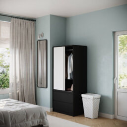 Urbn-Living Urbnliving 2 Sliding Doors Wardrobe 2 Drawer Bedroom Clothes Hanging Rail Black Carcass With White Doors Storage Cupboard - thumbnail 2