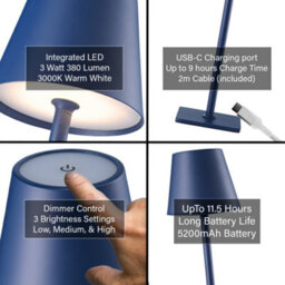 Happy Homewares Tall Navy Blue Rechargeable Touch Dimmable Table Lamp With Metal Shade - thumbnail 4