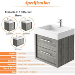 Plum&clay Walter Grey Wood Wall Hung Bathroom Vanity Unit With Polymarble Resin Basin (W)600mm - thumbnail 6
