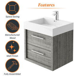 Plum&clay Walter Grey Wood Wall Hung Bathroom Vanity Unit With Polymarble Resin Basin (W)600mm - thumbnail 7